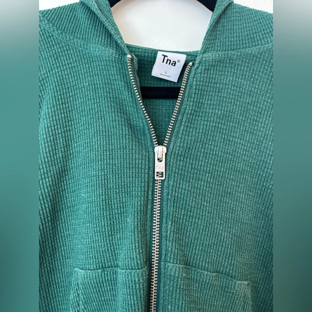 TNA Waffle Knit Full Zip Hoodie Women L Green Cotton Blend Crop Athleisure 408 - Picture 2 of 4